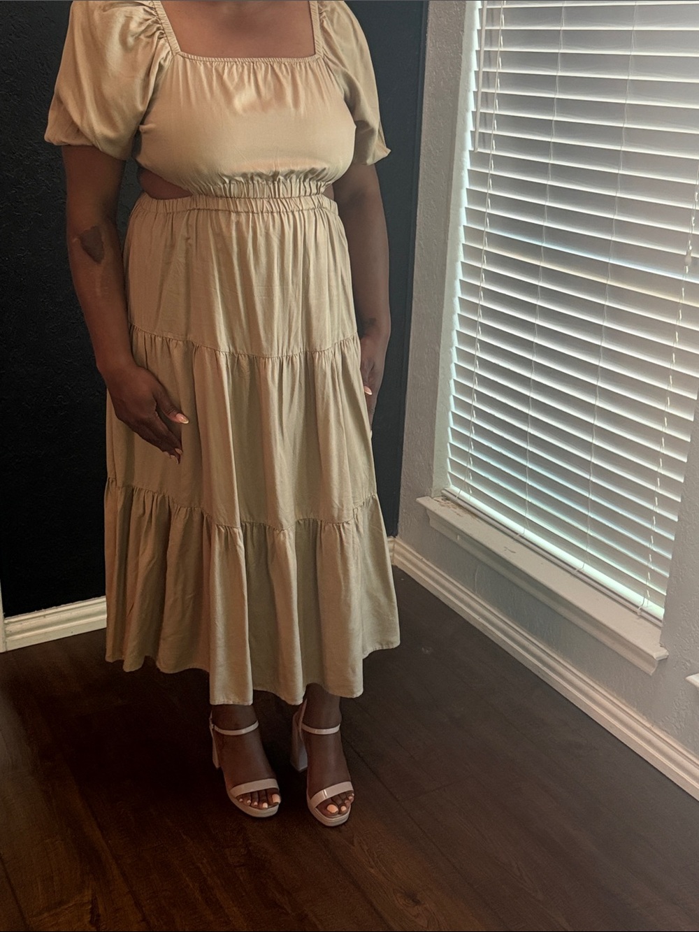 Women's Tiered Midi Skirt in Beige